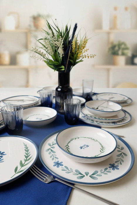 Hermia Juego de cena de 18 piezas en cerámica blanco, azul y verde Hermia Juego de cena de 18 piezas en cerámica blanco, azul y verde